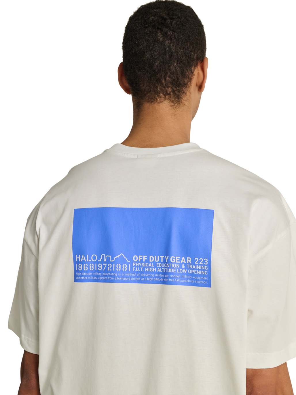 HALO GRAPHIC BOXY T-SHIRT, MARSHMALLOW/PALACE BLUE, model