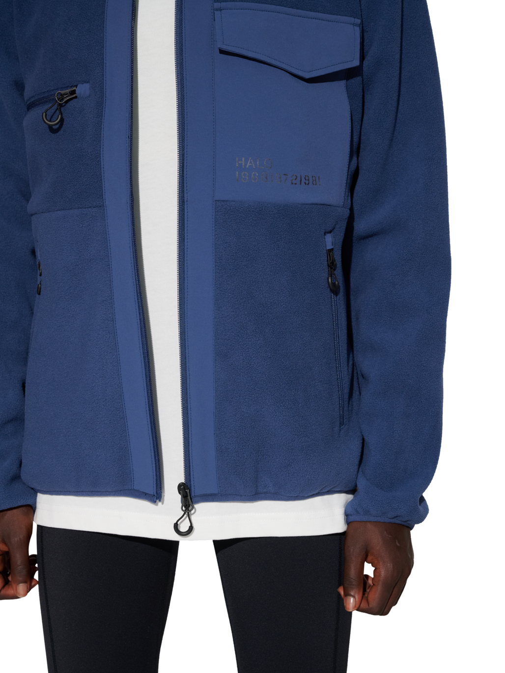 HALO PANELED FLEECE JACKET, SARGASSO SEA, model