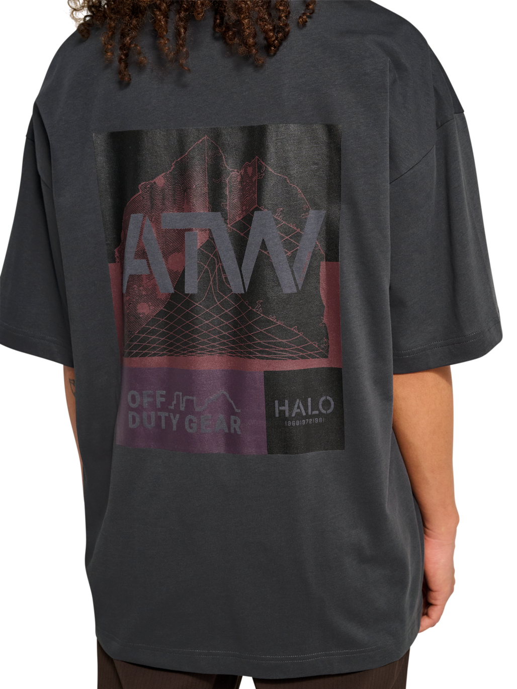 HALO GRAPHIC BOXY T-SHIRT, ASPHALT/ASPHALT, model