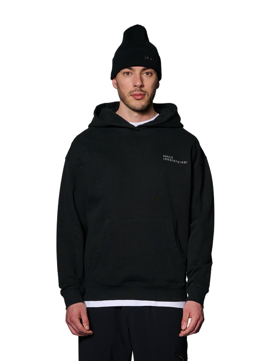HALO ESSENTIAL HOODIE, BLACK, model
