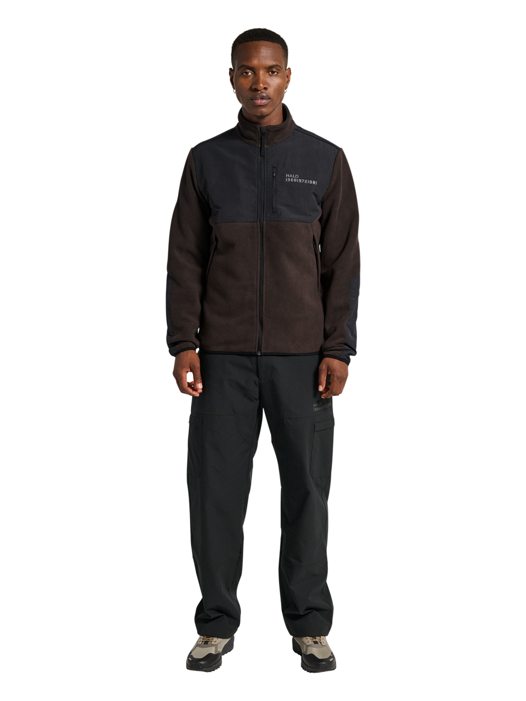 HALO BLOCKED ZIP FLEECE, CHOCOLATE TORTE, model