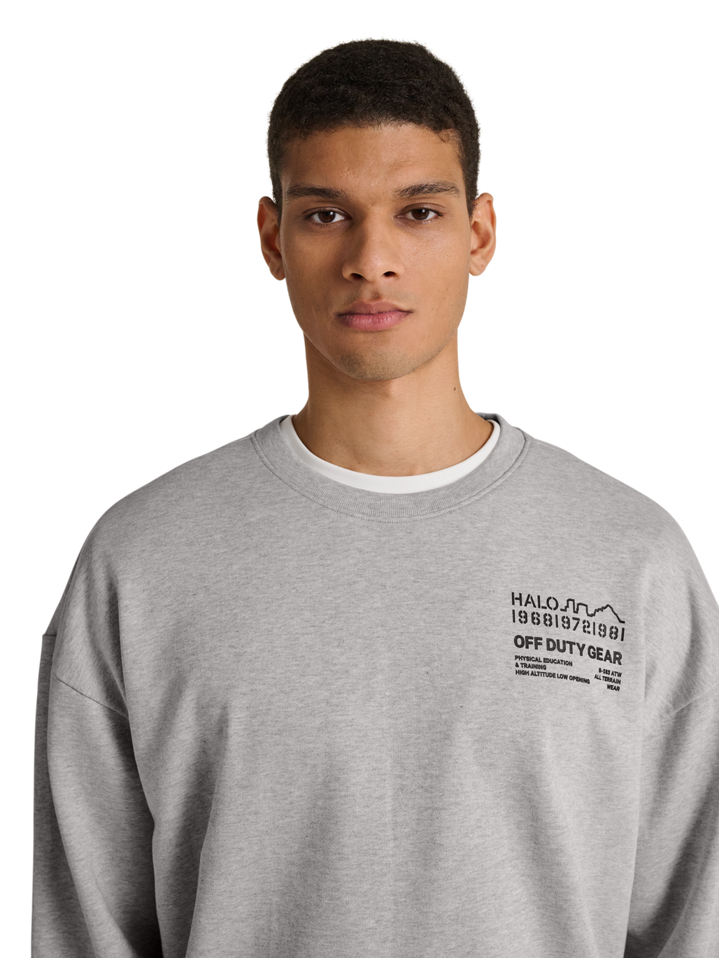 HALO GRAPHIC BOXY CREW, LIGHT GREY MELANGE, model