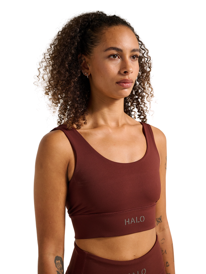 HALO WOMEN TRAINING BRA, BITTER CHOCOLATE, model