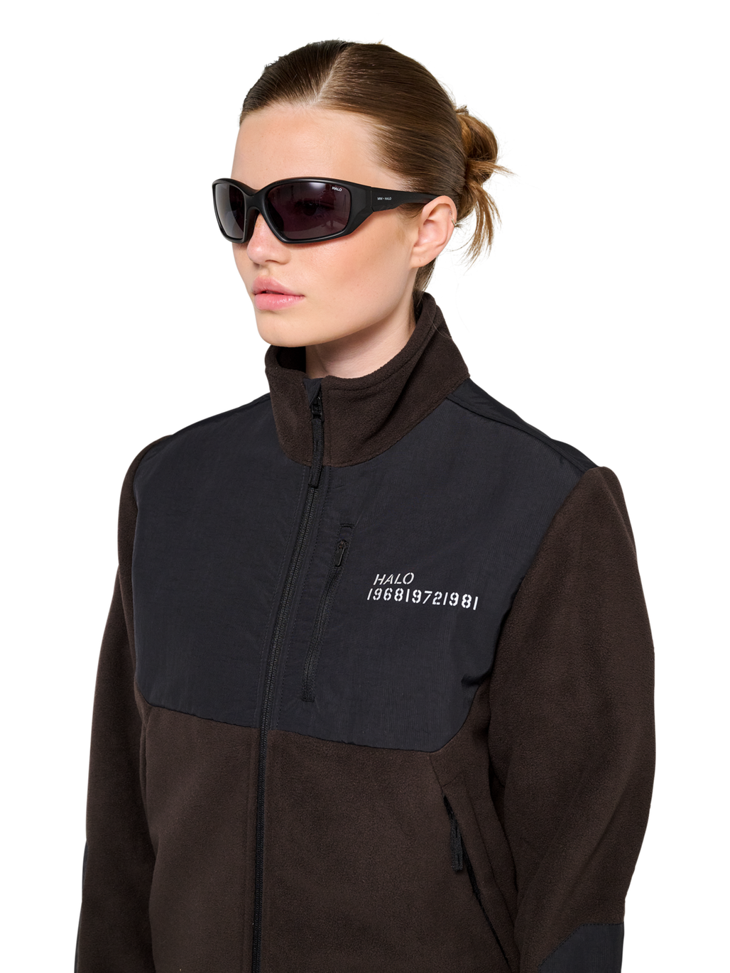 HALO BLOCKED ZIP FLEECE, CHOCOLATE TORTE, model