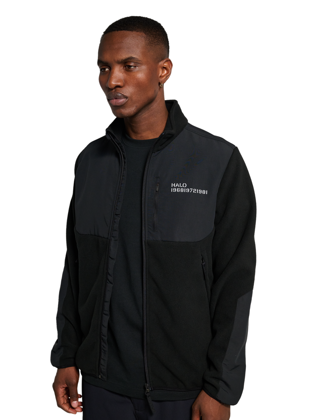 HALO BLOCKED ZIP FLEECE, BLACK, model