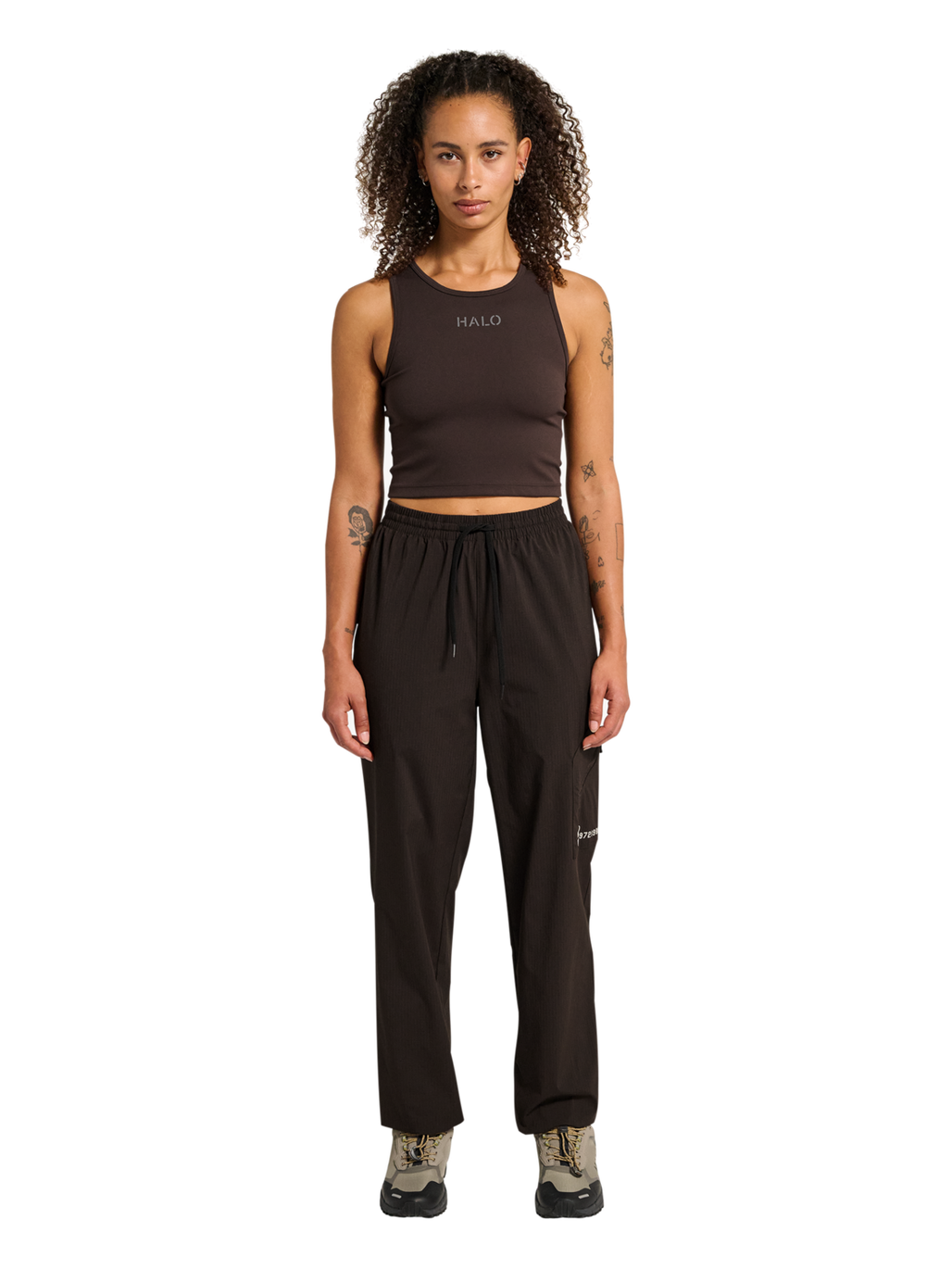 HALO STEEL RELAXED PANTS, CHOCOLATE TORTE, model