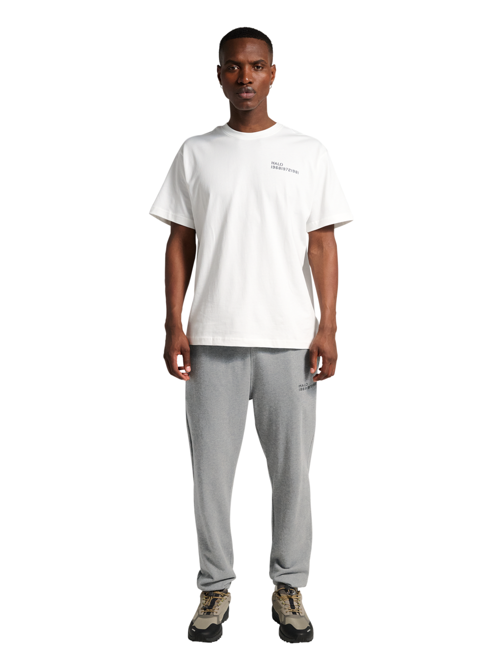 HALO ESSENTIAL SWEATPANTS, GREY MELANGE, model