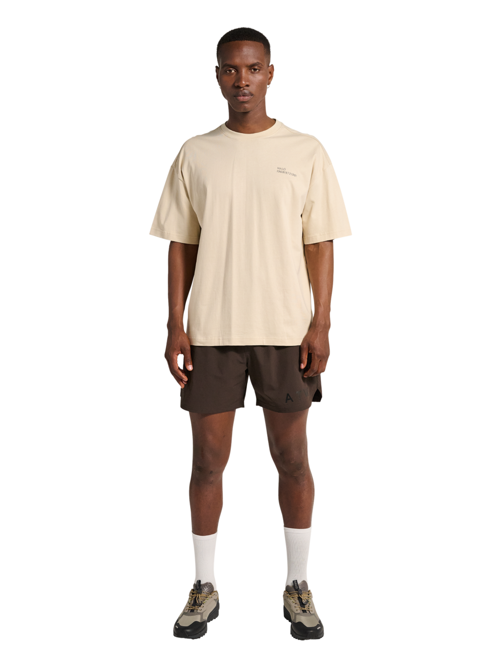 HALO GRAPHIC BOXY T-SHIRT, OYSTER GRAY/ASPHALT, model