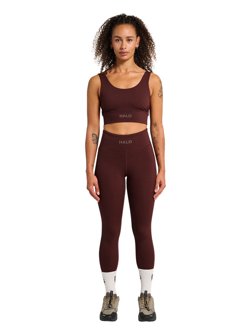 HALO WOMEN TRAINING BRA, BITTER CHOCOLATE, model