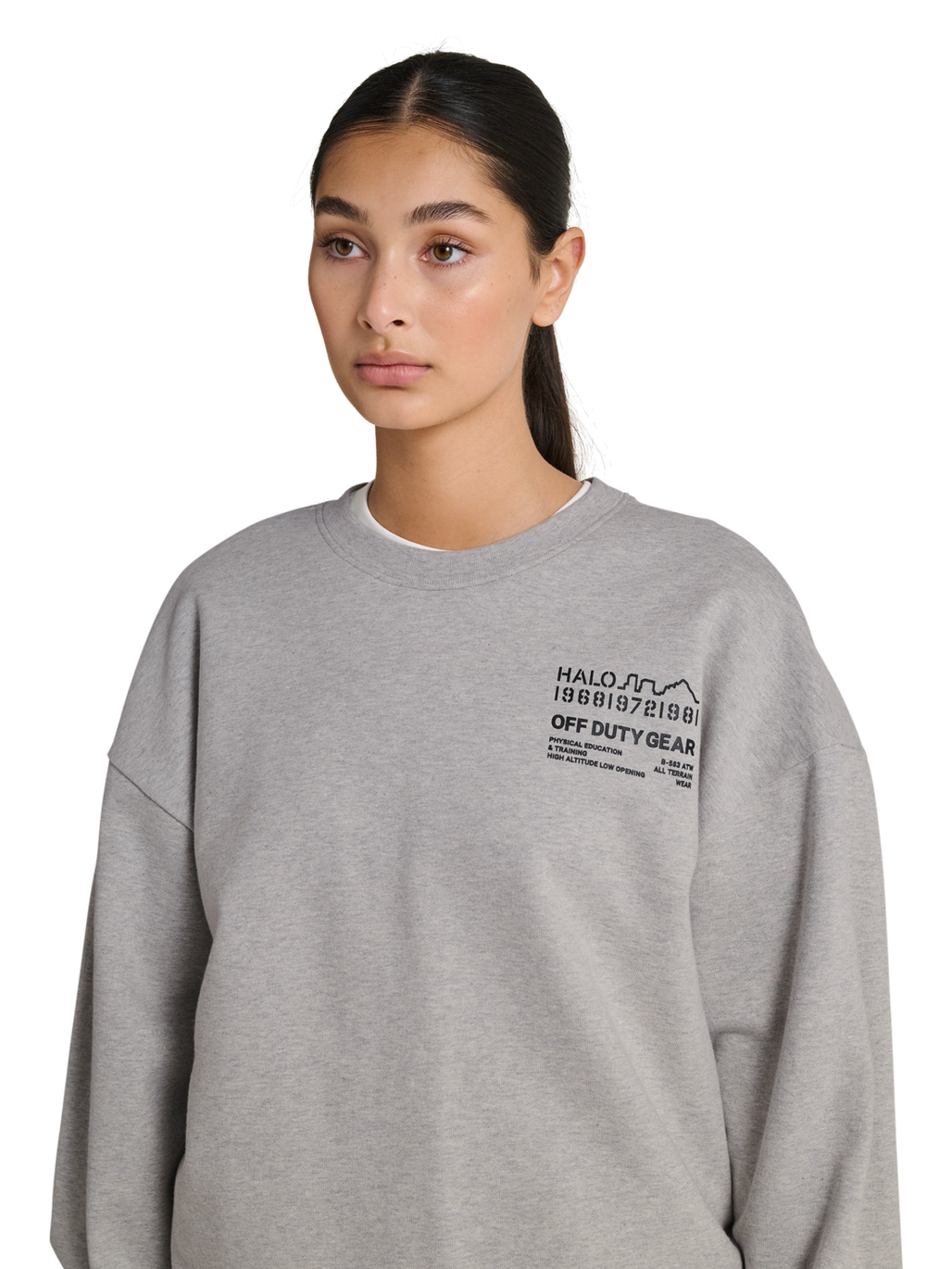 HALO GRAPHIC BOXY CREW, LIGHT GREY MELANGE, model