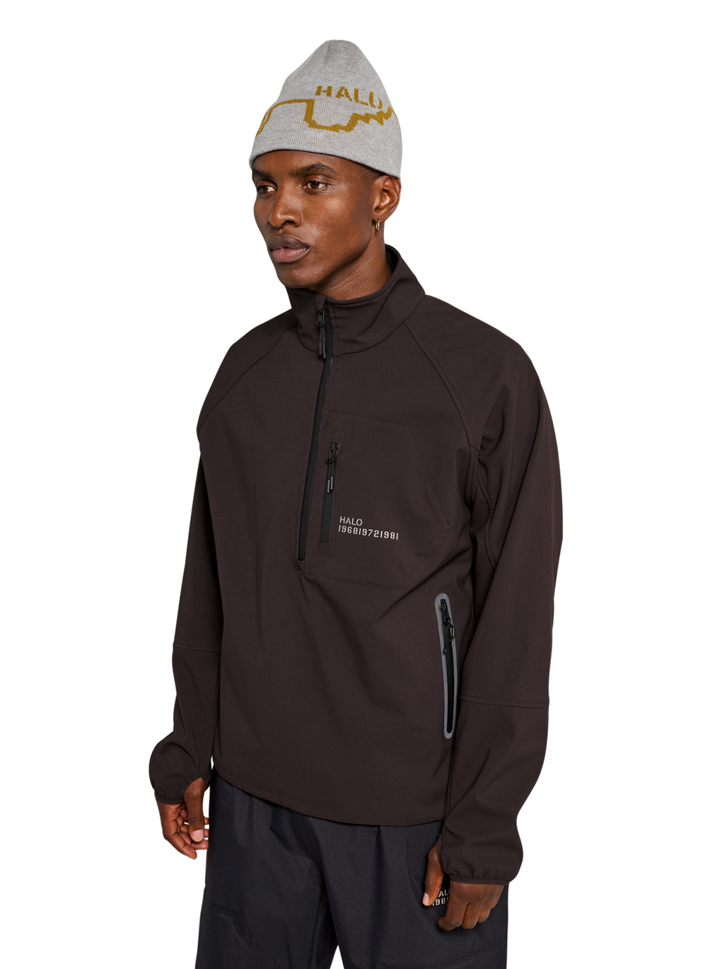 HALO ELITE SOFTSHELL HALF ZIP, CHOCOLATE TORTE, model