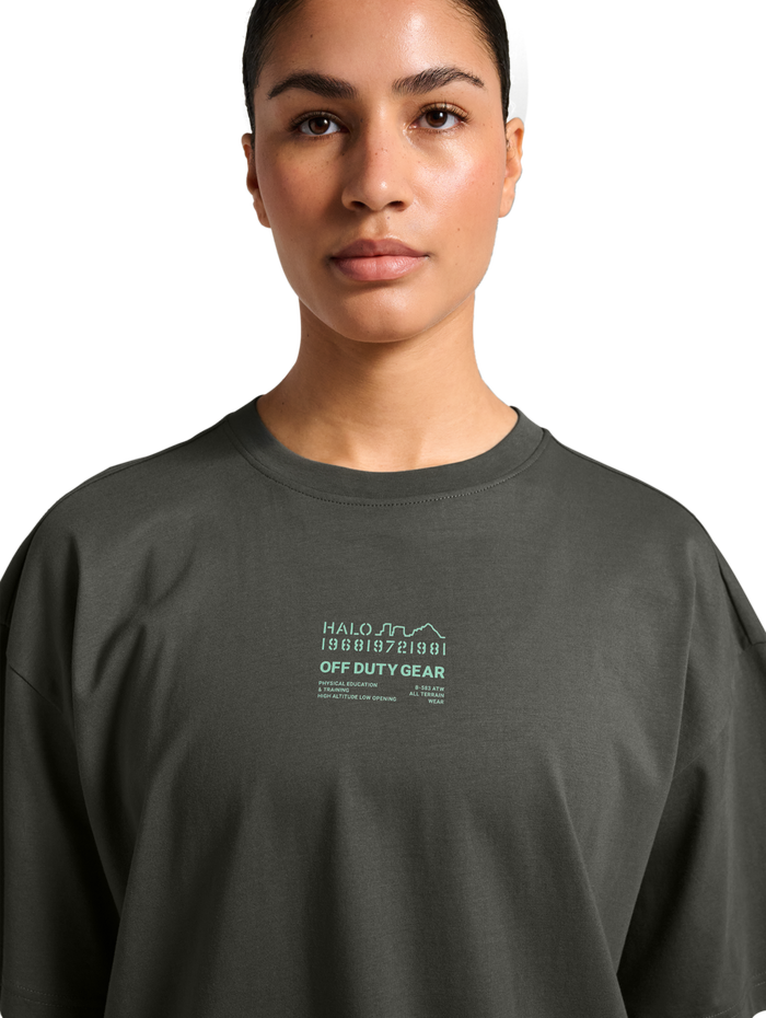 HALO GRAPHIC BOXY T-SHIRT, GUNMETAL/SPRING BOUQUET, model