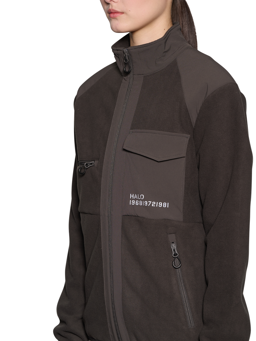 HALO PANELED FLEECE JACKET, RAVEN, model