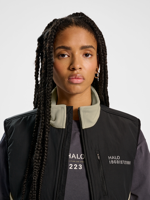 HALO BLOCKED FLEECE VEST, OYSTER GRAY, model