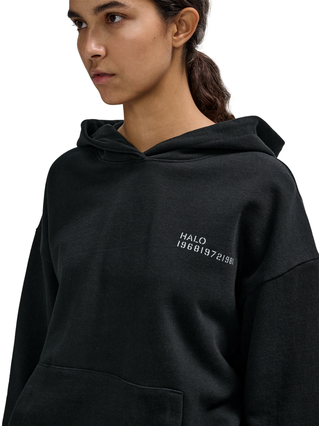HALO ESSENTIAL HOODIE, BLACK, model