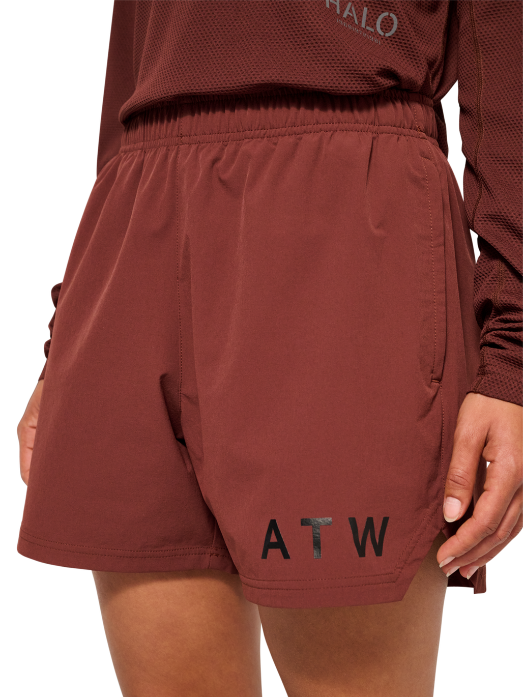 HALO SHORTS, BITTER CHOCOLATE, model