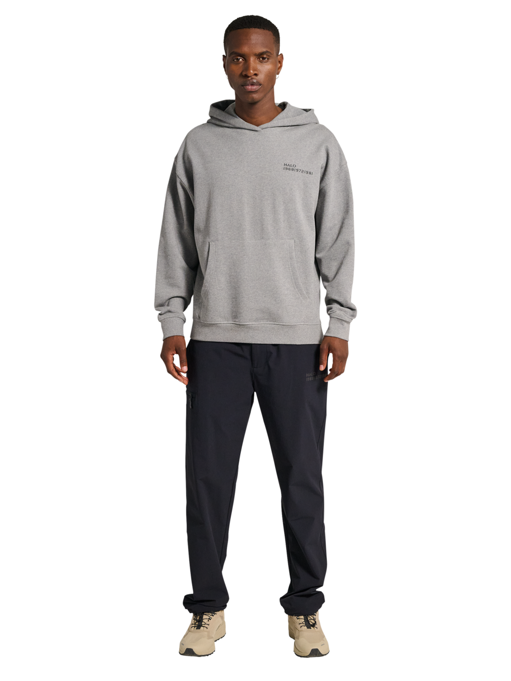 HALO ESSENTIAL HOODIE, GREY MELANGE, model