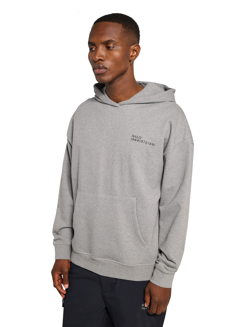 HALO ESSENTIAL HOODIE, GREY MELANGE, model