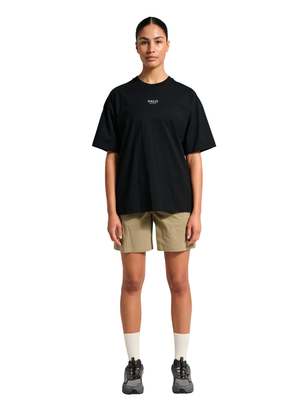 HALO GRAPHIC BOXY T-SHIRT, BLACK/SILVER/SPRING BOQUET, model