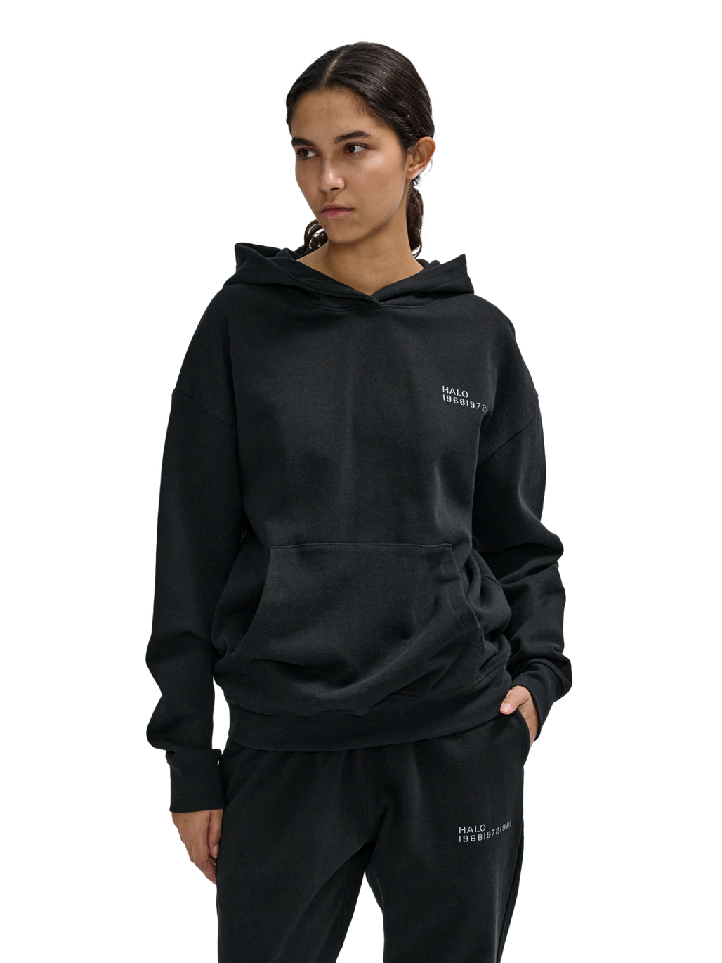 HALO ESSENTIAL HOODIE, BLACK, model