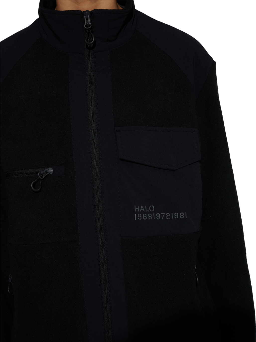 HALO PANELED FLEECE JACKET, BLACK, model