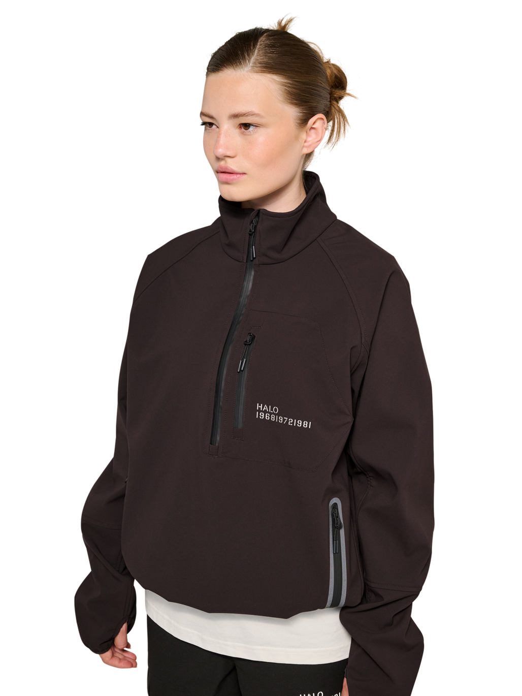HALO ELITE SOFTSHELL HALF ZIP, CHOCOLATE TORTE, model